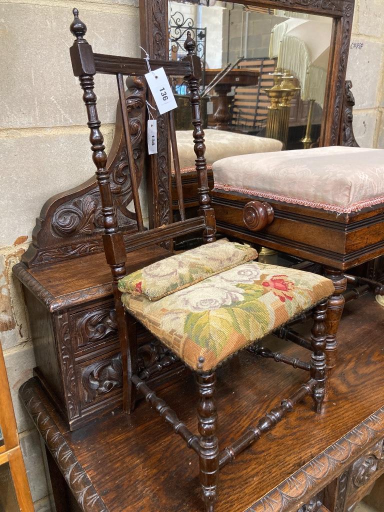 A late Victorian rosewood adjustable piano stool, length 50cm and a child's tapestry upholstered chair (2)